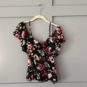 Lush Black Floral Off-Shoulder Ruffle Camisole